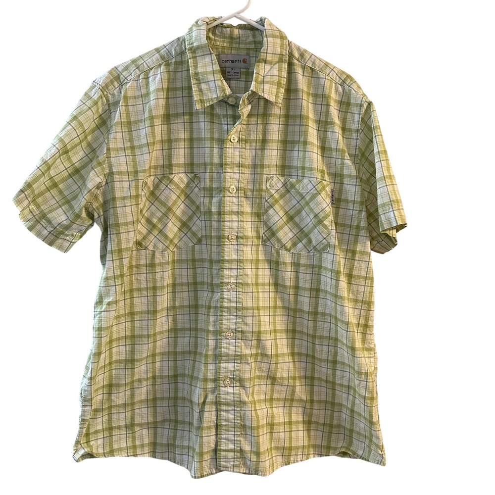 Carhartt Mens Plaid Short Sleeve Button Up Shirt XL‎ Green White Cotton Casual